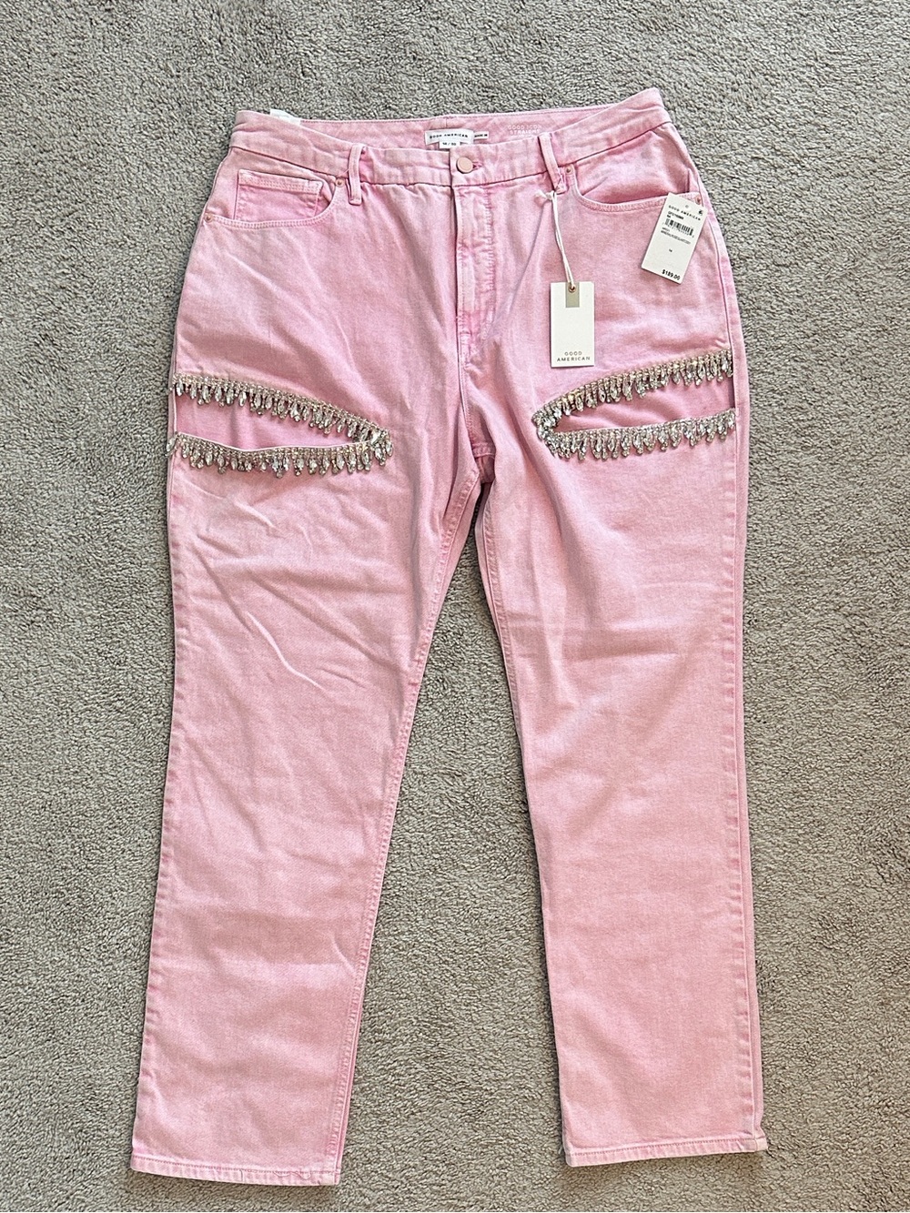 Good American High Rise Iconic Straight Leg Jeans w/ rhinestone embellishments
